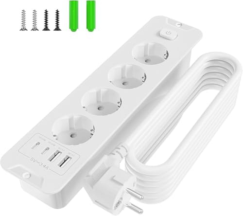 Inhwatek Multiprise Encastrable Plan de Travail, 2 Prises avec Interrupteur et USB (PD 20W), Multiprise 2m Parafoudre et Surtension, Bloc Prise Encastrable de Table pour Cuisine et Bureau
