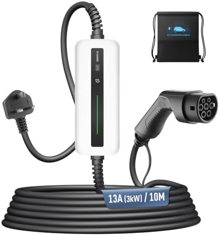 Morec EV Charger Type 2 to 3 Pin Plug, 3KW | 8A-13A | 10M Home Electric Car Charger Cable Type 2 for EVs & PHEVs, IP66 Waterproof with Carry Case