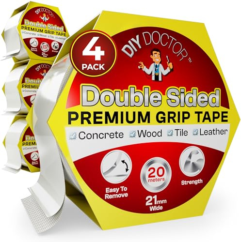 DIY Doctor Double Sided Carpet Tape, Heavy Duty, 20m x 21mm, 4 Pack | No Residue When Removed · Extra Strong Sticky Grip for Rugs