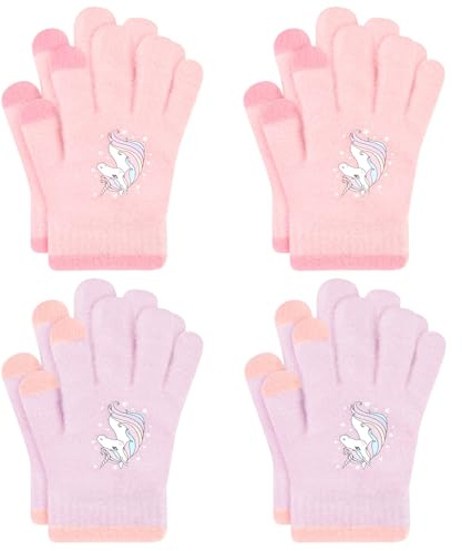 AOOSA 4 Pairs Kids Warm Knit Gloves, Thermal Children Glove, Soft Plush Full Finger Warm Glove, Kids Winter Knitted Unicorn Gloves, Anti-Freeze, Stretchy Fit for Boys & Girls Ages 3-6 Years