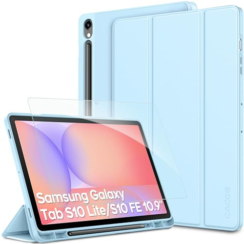 CACOE Funda para Tablet Samsung Galaxy Tab S10 Lite, S10 FE, S9 FE y S9 | Funda con Protector de Pantalla, Diseño Ultrafino de Cuero PU con Soporte para Lápiz y Función Atril, Azul Hielo