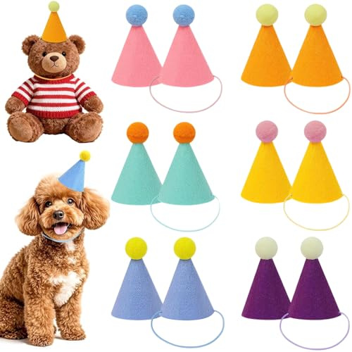DabbOo 12 Cappelli da Mini Festa Cappellino Compleanno con Nastri Colorati Decorazioni per Feste e Compleanni a Tema Animali, Adatti per Cani, Gatti, Conigli e Peluche