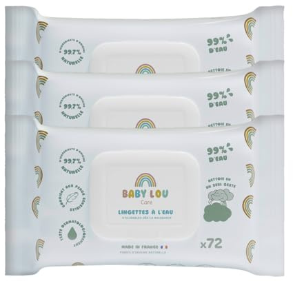 BABYLOU CARE | Lingettes à l'eau 3x72 sachets | 99% d'eau | Douces & apaisantes | Convient dès la naissance | Adaptées aux peaux sensibles | 99,7% d'ingrédients d'origine naturelle | Made in France