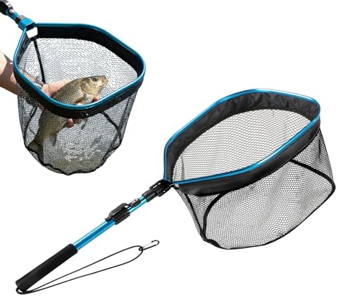 Kescher Angeln Gummiert, Teleskop Kescher Faltbar, Watkescher für Salmon, Catfish, Bass, Einfach zu Fangen und Freizugeben