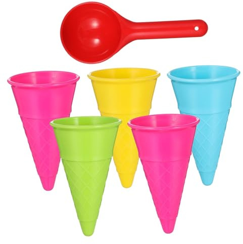LALADEFIEE Lot de 6 Set de Jouets de Plage pour Garçon et Filles – 5 Cornets de Glace en Plastique Colorés 1 Pelle à Glace – Jouets de Sable Légers pour Motricité Fine et Couleur Aléatoire
