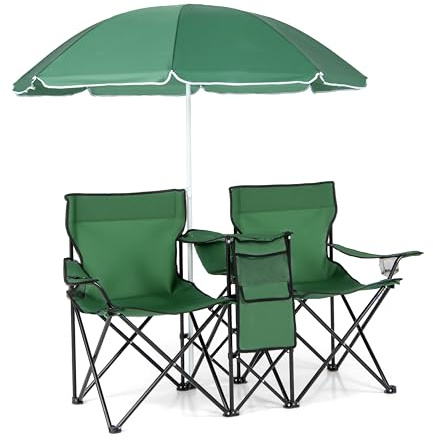 GIANTEX 2 campingstolar med parasoll, vikbar dubbel fiskestol med mugghållare och kylväska, hopfällbar stol för 2 personer, 4 färger (grön)