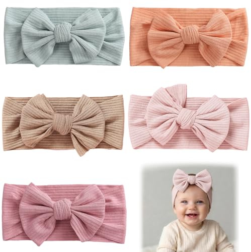 5 Pezzi Fasce Bambina, Accessori Neonata, Fiocco Fascia Capelli Bambina in Nylon Elasticizzato Regalo Per Bambini Per Foto, Fascia Neonato per Capelli, Morbido Copricapo Carino per Bambini Neonati
