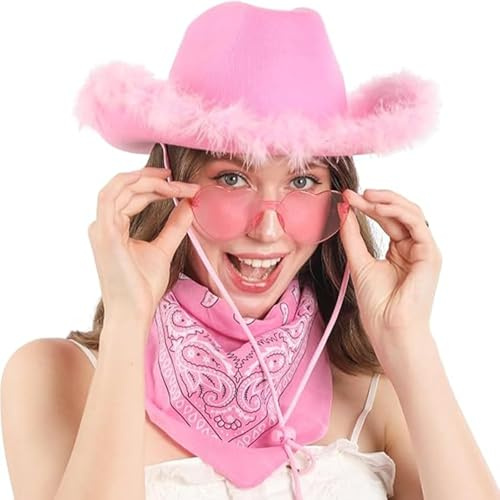 Rosa Cowboy Hut Damen Set Western Filzhut Mit Federtrimm Herz Brille Und Rosa Bandana Accessoires Cowgirlkostüm Pinker Cowboyhut Für Karneval Cosplay Party Halloween