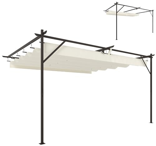Outsunny Pérgola de Pared de Jardín 4x3 m, Cenador de Jardín con Techo Retráctil, Protección UPF30+, Orificios de Drenaje y Estructura Metálica, Pabellón para Patio, Terraza, Exterior, Blanco Crema