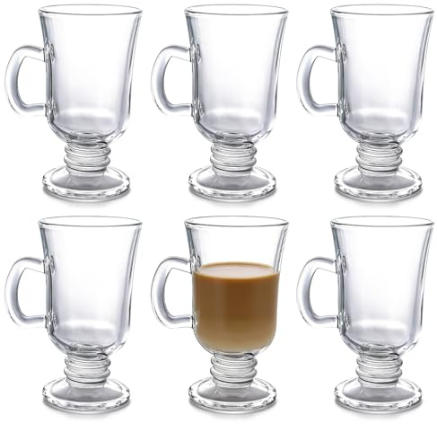 LDXDRU Set of 6 Glass Coffee Cups, 250ml Irish Coffee Glasses with Handles | Durable Latte Cups and Milkshake Glasses, Premium Glass Cups for Hot Drinks, Coffee Cups Glass Set