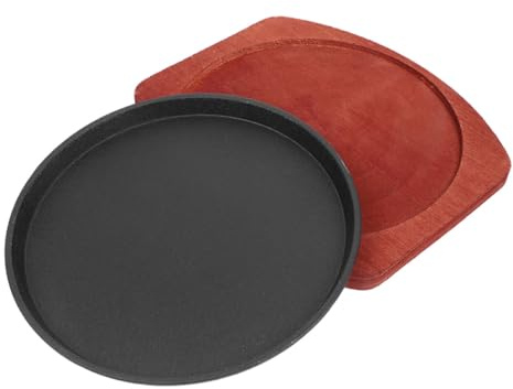 Healvian Set Piastra in Ghisa Rotonda Antiaderente con Base in Legno per Fajita e Bistecca, Design Spesso per Casa e Ristorante