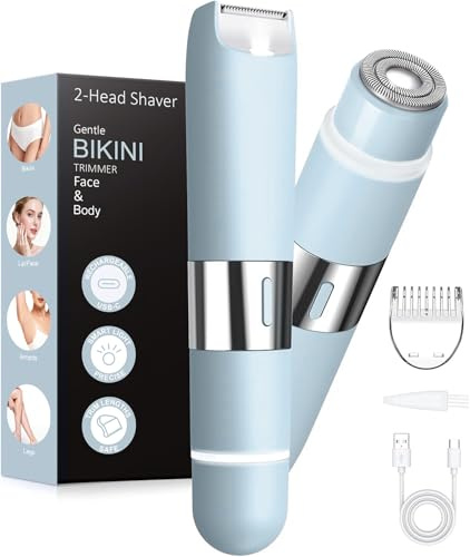 Bikini Trimmer Women 2-in-1 Facial Hair Remover for Women,USB-C Razors Woman,Dual Head Shaver Woman with Light for Intimate,Lady Shavers for Pubic Hair for Lip Underarm Body,Travel Lock,Misty Blue
