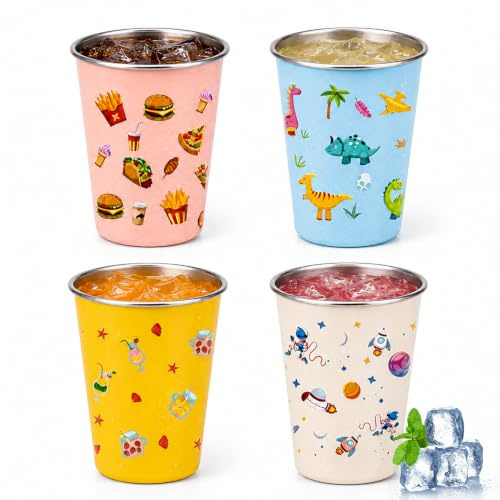 SGZIOO 4 Stück Edelstahl Kinderbecher, 350ml Edelstahl Becher Kinder, Robuste edelstahlbecher Kinder, 1Edelstahl Trinkbecher Kinder, für Picknick Familien (Blau Pink Gelb Weiß)