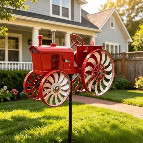 Vintage Tractor Wind Spinner, 68cm Vintage Metal Wind Sculptures & Spinners Outdoor Garden Stake Sculpture Motion Art WindSculpture Tractor Stake, Retro Farmhouse Windmills Lawn Ornament