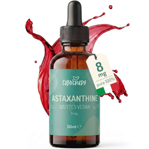 CiboCrudo Astaxanthine Pure en Gouttes 8 mg - 50 ml | 8 mg d'astaxanthine naturelle par jour, de l'algue Haematococcus Pluvialis. Végan, sans gluten, sans lactose.