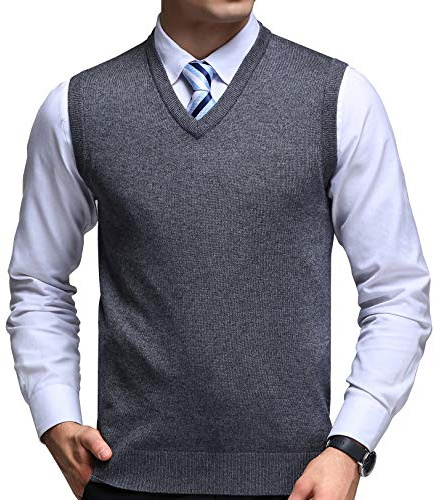 FULIER Mens Winter V-Neck Sleeveless Vest Classic Business Gentleman Knitwear Knitted Waistcoat Sweater Cardigans Tank Tops (UK, Alpha, L, Regular, Regular, Dark Grey)