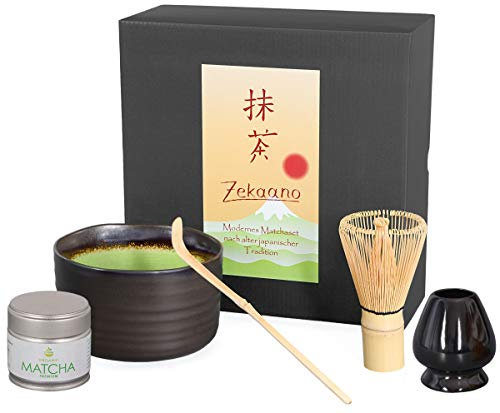 Aricola Matcha Komplettset 5-teilig, bestehend aus Matcha-Schale anthrazit/grün mit Craquelé-Muster, Matcha-Löffel, Matcha-Besen, Besenhalter und 30g Premium Matcha in eleganter Geschenkbox.