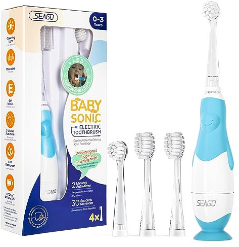 Seago Elektrische Zahnbürste Kinder Baby Zahnbürste ab 0 1 2 3 Jahr, mit LED Licht, Runder Weich Ersatzbürsten, Elektrische Zahnbürste Baby,2 Minuten Smart Timer, Wasserdicht IPX7,SG513(Blau)
