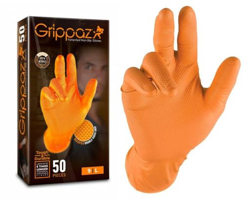 Gants Grippaz en nitrile sans latex (Lot de 50 paires) - Taille L Orange - 100 Gants jetables pour garages, mécanique & Industrie
