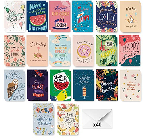 Rileys & Co Grattis på födelsedagskort bulk, handillustrerade presentkort födelsedag, kuvert ingår, söta och färgglada födelsedagspresentkort för kvinnor, män och barn (40-pack)