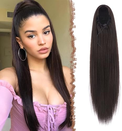 FESHFEN Pferdeschwanz Extensions mit Kordelzug Lang Gerade Zopf Kordelzug Pferdeschwanz Haarteil Glatt Haarverlängerungen Synthetik Drawstring Ponytail Extension für Damen 60 cm Dunkelstes Braun
