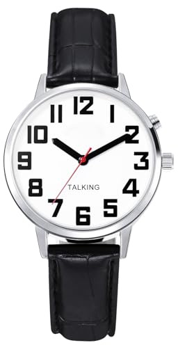 ViLoSa English Talking Watch Speaks The Time, Date or Alarm time for Elderly, Impaired Sight or Blind. White Face-Black Numbers with Stainless Expand Strap