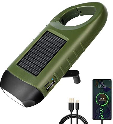 PRUNUS LED Taschenlampe Kurbel Notfal, Solar Taschenlampe USB Aufladbar | Taschenlampe Klein mit Wandern Schnalle, Dynamo Taschenlampe mit kurbel und Solarpanel für Outdoor/Camping/Stromausfällel.