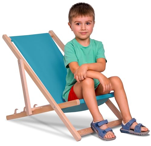 DreamRoots Kinder Liegestuhl Holz klappbar Outdoor, Aral | Klappbarer Campingstuhl, faltbar, für Garten & Strand, bis 130 kg, waschbarer Bezug, 100% Polyester, UV-beständig