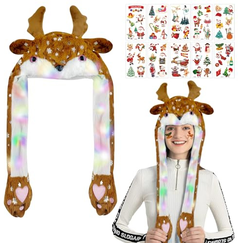 Weihnachtsmütze Plüsch,LED Elchmütze mit Beweglichen Ohren | Weihnachtselch Plüsch Hut,Glowing Elk Hats,Weihnachtsmütze Witzig,Elektrische Weihnachtsmütze für Erwachsene Kinder