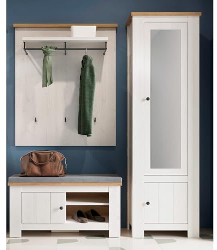 Lomadox Garderoben Set mit Paneel, Sitzbank und Flurschrank, weiß mit Eiche - Flurgarderobe im Landhausstil