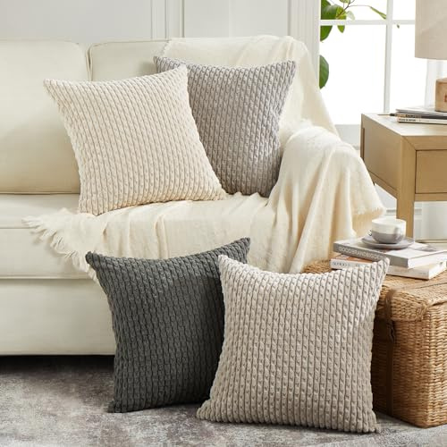 FDTERN 4er Set Boho Kordsamt Kissenbezug 45x45CM Grau Farbverlauf Flauschig Kissenbezüge Kissenhülle Dekokissenbezug Sofakissen Dekokissen Deko für Sofa Schlafzimmer Wohnzimmer Balkon