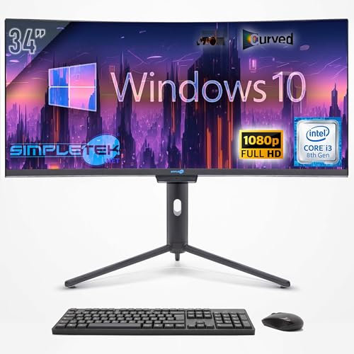 SIMPLETEK - PC All in One Curved 34 Wide Bildschirm | Core i3 8. Generation | Windows 10 Pro | RAM 8GB | SSD 240GB | Integrierte 2K Webcam | WiFi 6 und BT 5.2