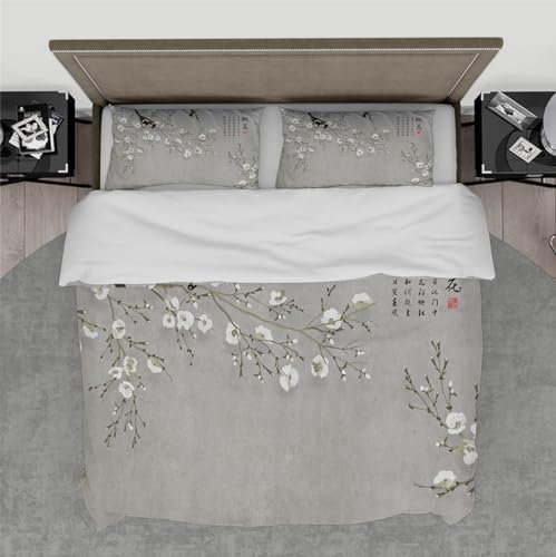 DINGSION Bettwäsche-Set im chinesischen Stil 3-teilig Pfirsichblütenzweig Good Luck Elster Soft Bedroom Bettwäsche-Set mit 2 Kissentüchern Reißverschluss 4 Bänder 135 x 200 cm