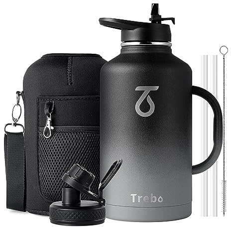 Trebo Insulated Water Bottle 2 L Stainless Steel with Side Handle & Pouch | Large Metal Gallon Jug with Straw Spout Lids, Triple Wall Vacuum, Dishwash safe, Cold 48 Hrs for Gym, BPA-free, Wide Mouth