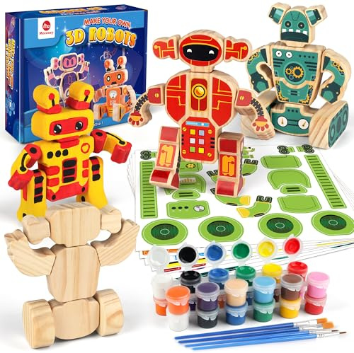 Mocoosy Wooden Robot Painting Art and Craft Kit for Kids Age 3-8, Build & Decorate Your Own Robot with 24 Paints & 8 Sheet Stickers, Wood Robot STEM Game Montessoi Toys Educational Gift for Boys Girls