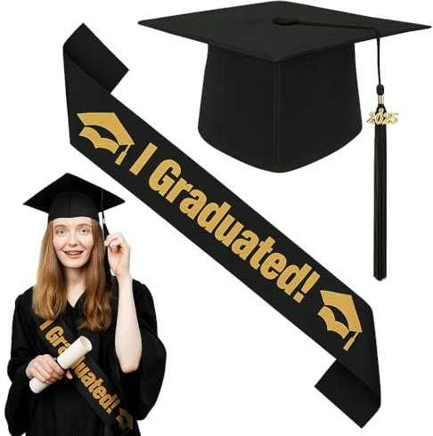 Abschluss Hut, 2025 Doktorhut Set mit Schärpe für Abschlussfeiern, Unisex Bachelor Hut, Akademischer Graduation Deko für Abitur Bachelor Master Abschlussfeiern - Schwarz