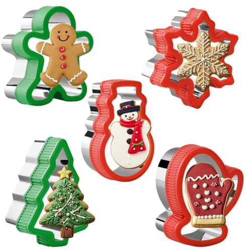 Christmas Cookie Cutters Set - 5 Piece Holiday Biscuit Cutters with Comfort Grip for Xmas Party Supplies/Favors - Including Snowflakes, Glove, Christmas Tree, Snowman, Gingerbread Man (Christmas)