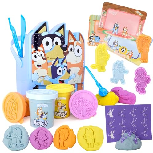 Toyland® 17 Piece Bluey Dough Bucket Activity Set - 4 Dough, 3 Cutters, 1 Roller, 4 Stamps, 3 Wipeable Play Screens & 1 Bucket - Arts & Crafts Toys