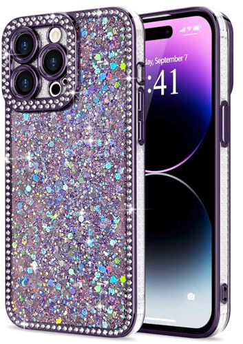 Lafunda Cover Glitter Compatibile con iPhone 14 Pro Max Cover per Ragazze, Custodia Lucida con Diamanti, 3D Bling Cristallo Case per iPhone 14 Pro Max-Viola