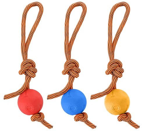 3 Stück Hundeball, Naturkautschuk Hundespielzeug Ball, Dreifarbige Hundespielzeug Ball mit Seil, Elastischer Wurfball für Hunde, Geeignet für Hunde Aller Größen - Rot, Gelb, Blau