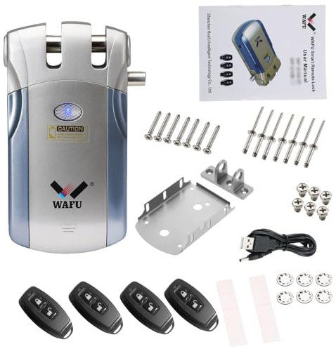 WAFU Bloqueo de Control Remoto Inalámbrico Método de Bloqueo de Tigre con 4 Teclas Remotas, Alimentación USB, para Control de Acceso a Smart Home Villa Office (Azul y plata)