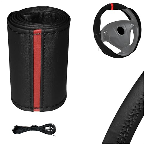 Xkeribom Auto Lenkradbezug ZUN Nähen aus weichem Leder mit 12 Uhr Markierung Leder Lenkradhülle Lenkradschutz (Lenkraddurchmesser 37-38 cm) (Rotes Markierung)