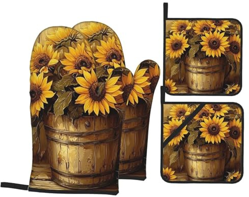 4 guanti da forno e presine con girasole, guanti da cucina con presine, guanti antiscivolo ad alta resistenza al calore a 500 gradi per barbecue, griglia, cottura, forno, microonde