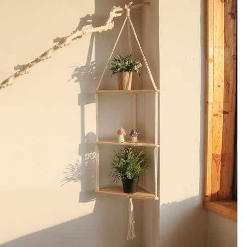 Artilady White Corner Floating Shelves Wall Hanging- Macrame 3 Tier Corner Shelf Plant Wall Decor Boho Rustic Wooden Storage Orgnizer for Bedroom Living Room Pots Photos