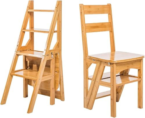 Wooden Folding Ladder Chair - Vintage 2-in-1 Foldable Stool for Adults, Multi-Functional Storage Rack for Indoor and Outdoor Use, Space-Saving Design
