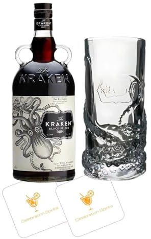 Kraken Black Spiced Rum Gift Set | 700ml 40% ABV | with Official Tentacle Highball Glass & 2 Beer Mats | Premium Spiced Rum Gift Set for Home Bar & Special Occasions