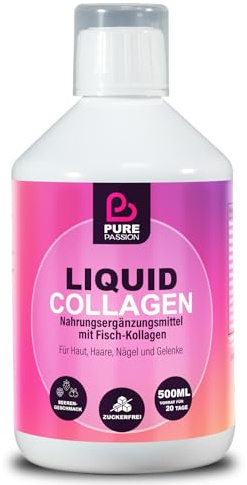 Pure Passion® Liquid Collagen 500ml – Hydrolysiertes Fisch Kollagen (Typ I & III), Biotin, Vitamin C, Hyaluronsäure & D3 – Zuckerfrei, für Haut, Haare, Nägel & Gelenke – 20 Tage Kur, Beerengeschmack