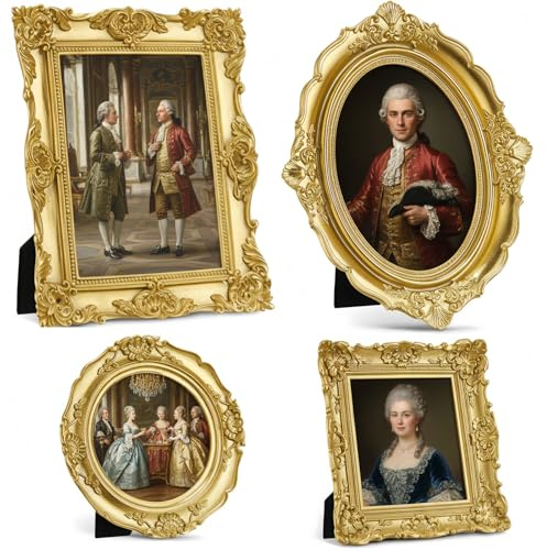 Beeveer 4 Pcs Vintage Picture Frames 5x7 4x6 4x4 inch Baroque Gold Resin Photo Frames with Glass Front Ornate Wall Hanging and Tabletop Display for Retro Home Decoration Wedding Gallery Hotel(Floral)