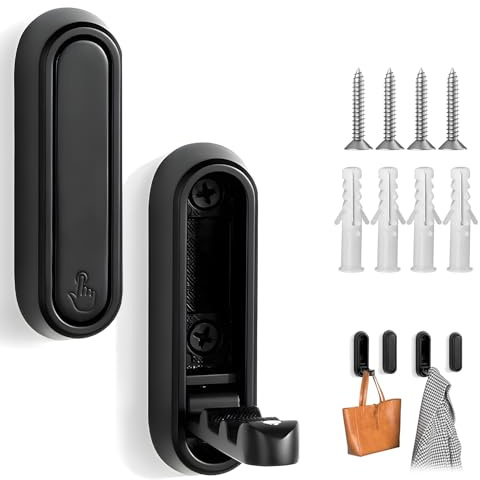 2 PCS Folding Wall Hooks,Black Foldable Wall Hook,Folding Hooks Wall Mount of Zinc Alloy,Heavy Duty Foldable Wall Hook,Flip Down Hook for Walls Hanging Coat, Bag, Towel, Key