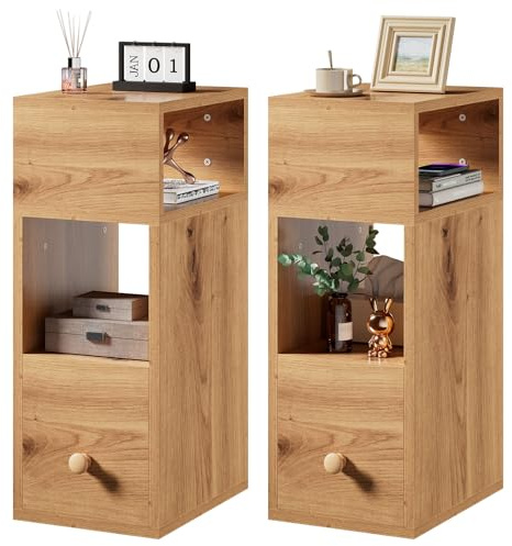 IBUYKE Juego de 2 Mesita de Noche Estrecha, Mesilla de Noche Pequeñas con 2 Compartimentos y 1 Cajón, 20x29x55 cm, Mesa Auxiliar para Dormitorio, Salón, Color Nogal WNS006K-2